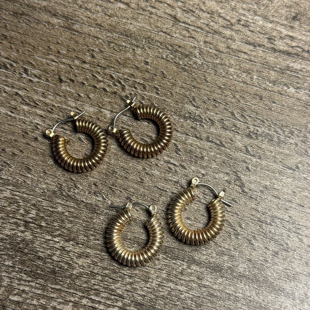 2 Sets of Small Gold Coil Hoop Earrings